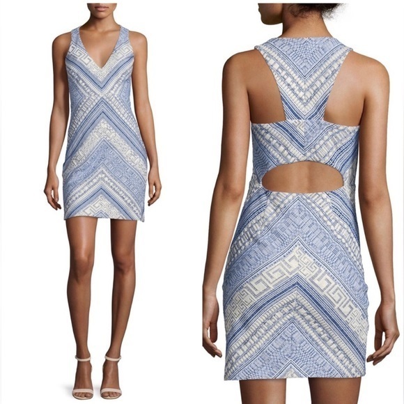 Amanda Uprichard Jacquard Grecian Blue Silver Metallic Thred Cutout Back Dress S